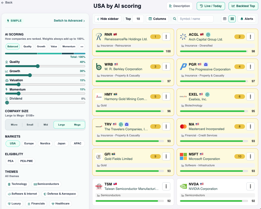 Screener PrimeStrider en mode simple sur l'univers USA, avec les pondérations qualité, croissance, valorisation et momentum, et le top 10 classé